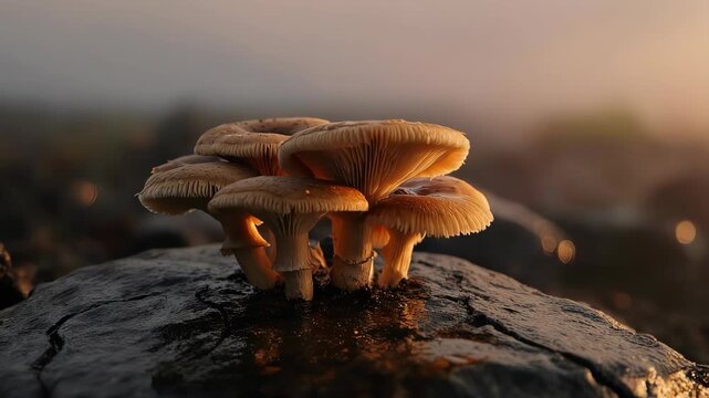 Mushrooms cluster growing on rock in dreamy sunlight with blurred background