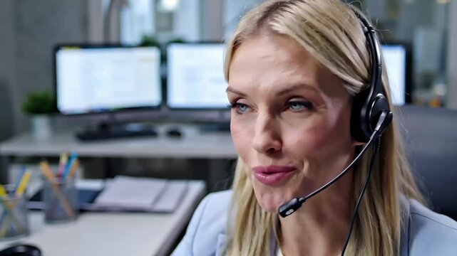 Blonde female call center agent sitting at her desk, wearing a professional headset, engaged in conversation with a customer	
