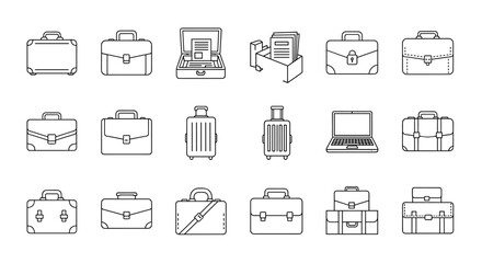 Collection of line art icons representing briefcases, business suitcases, and a laptop, suitable for web design, books, cards, and apps, featuring editable strokes and a clean, modern aesthetic for