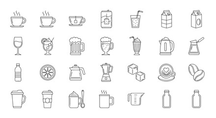 A comprehensive collection of beverage-related line icons, featuring cups, mugs, glasses, and containers for coffee, tea, and other drinks, perfect for graphic design, web development, app