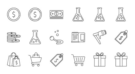 Collection of thin line icons representing money, lab equipment, shopping, and gifts, perfect for web, books, cards, and apps. Editable stroke vector cartoon illustration for diverse design projects.