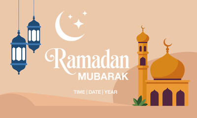 This vibrant Ramadan Mubarak design features crescent moons and lanterns, capturing the spirit of celebration during the holy month with warmth and tradition in its colors.