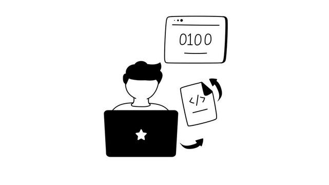 animated icon representing a software developer coding on a laptop.