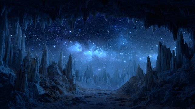 View from an ethereal ice cave revealing a deep dark interior illuminated by a vast vibrant star filled night sky - Powered by Adobe
