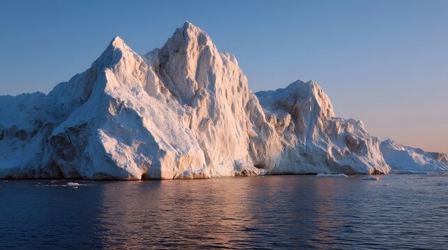 Majestic iceberg formation illuminated by warm sunset light over calm ocean waters