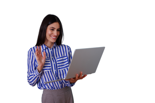 Woman waving hello during video call on laptop, smiling business professional in online meeting, transparent background