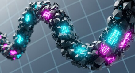 Abstract Futuristic Technological Serpent with Glowing Neon Circuits and Geometric Scales on a Grid Background