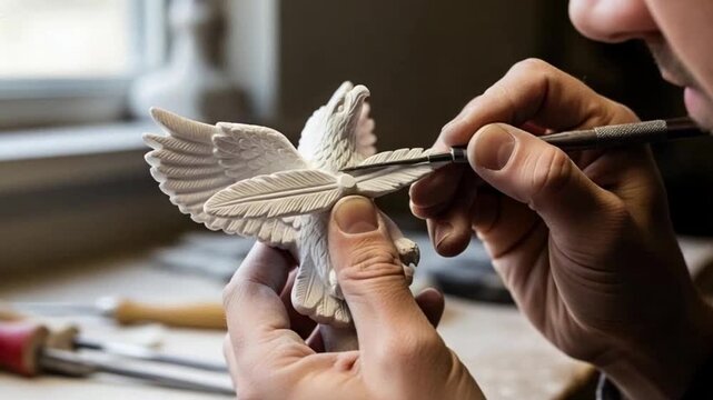 Sculptor detailing clay eagle figurine with focus and artistry in studio