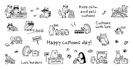 Fototapeta premium Cartoon animals in humorous customs and border scenes with celebratory text in black and white line style, vector set, tracing