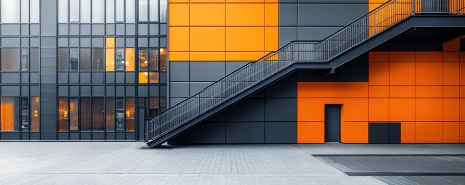 Modern industrial architecture with striking geometric design and vibrant orange and grey color palette featuring sleek metal staircase