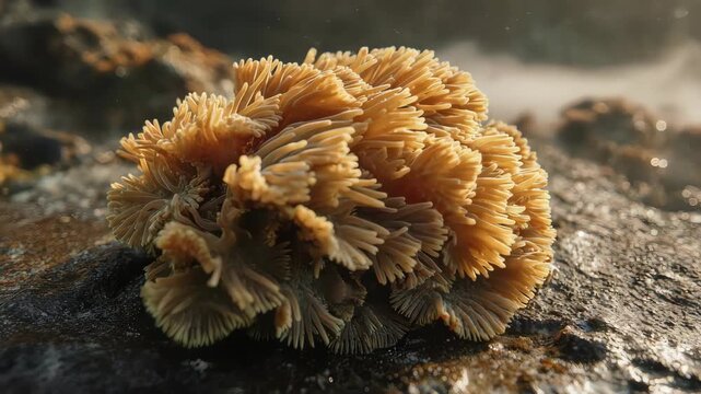 Macro shot of unique, textured formation, possibly coral, with a natural, rocky background. 