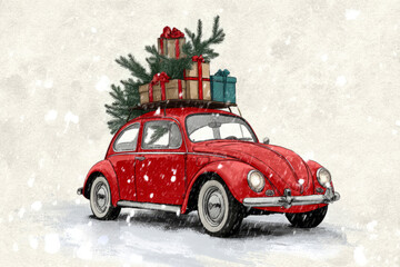 A bright red car drives through a snowy scene, adorned with colorful gifts and a festive tree on its roof. This nostalgic image captures Christmas joy from the 50s and 60s
