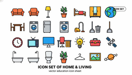 Home living icon set furniture interior design household appliances equipment vector illustration style vector icon sheet