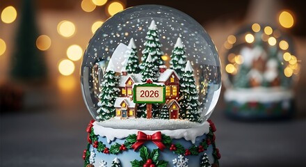 Magical winter village in snow globe forecasts a bright and festive 2026 celebration