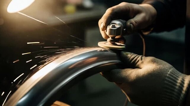 Metalworker grinding metal piece with precision and sparks in workshop