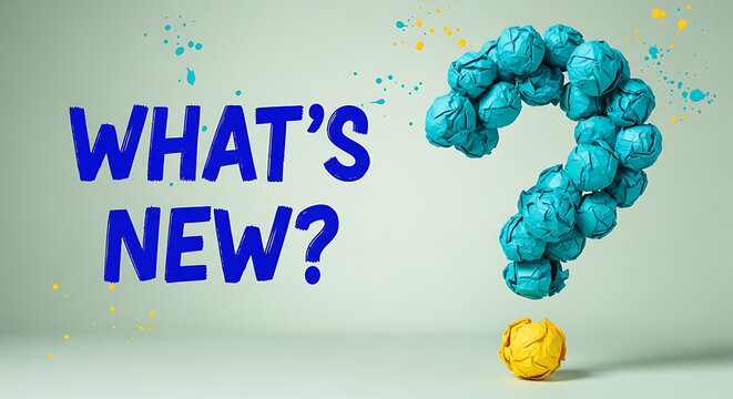 A blue question mark made of crumpled paper balls with the words whats new on a gray background