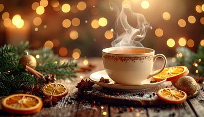 Fototapeta premium escena navideña hiperrealista y acogedora, centrada en una taza de té humeante con especias de invierno.
