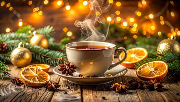 escena navide&ntilde;a hiperrealista y acogedora, centrada en una taza de t&eacute; humeante con especias de invierno.