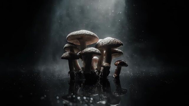 Mushrooms illuminated by a ray of light, set against a dark background