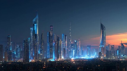 Futuristic skyline at dusk with illuminated high-rise buildings and twilight sky