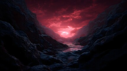 Dramatic alien canyon with a glowing crimson sunset over a reflective river