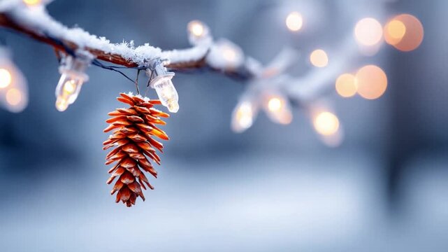 Winter's Delicate Ornament: A frosted branch adorned with glowing lights and a single pine cone, evoking the serene beauty of the season.