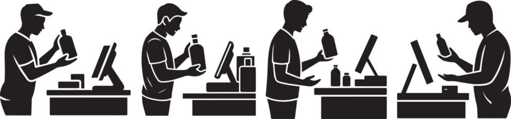 Silhouette illustration of people at cash registers holding bottles and paying