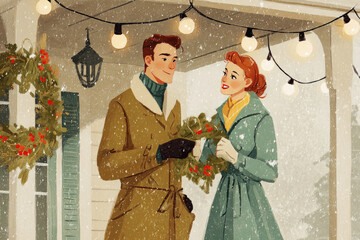A cheerful couple stands on a porch decorated with glowing lights, surrounded by snow. They exchange warm smiles and celebrate the magic of Christmas in a nostalgic 50s atmosphere