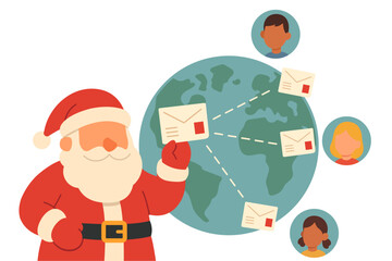 Santa Claus Sending Christmas Letters to Children Around the World – Modern Flat Design Illustration