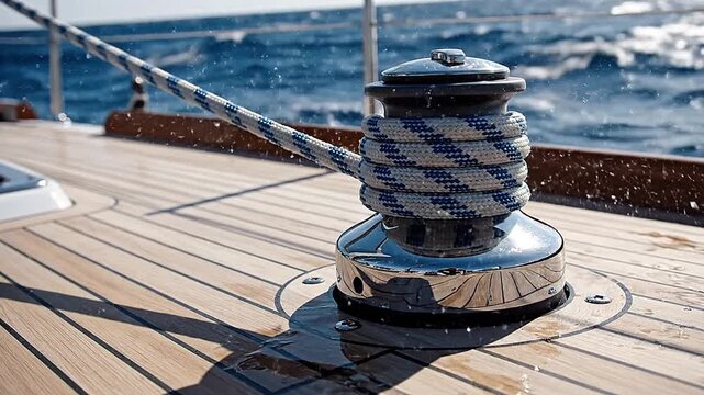 Jib sheet rope curves to a winch, diagonal composition emphasizes force.