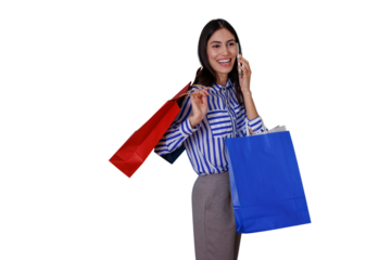 Happy woman shopping and talking on phone, enjoying retail therapy and modern communication, transparent background