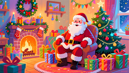 Santa Claus with gifts in festive home