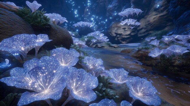 Immersive VR underwater world with glowing holographic sea creatures, interactive coral structures, and user-controlled exploration, highlighting futuristic virtual technology and interactive