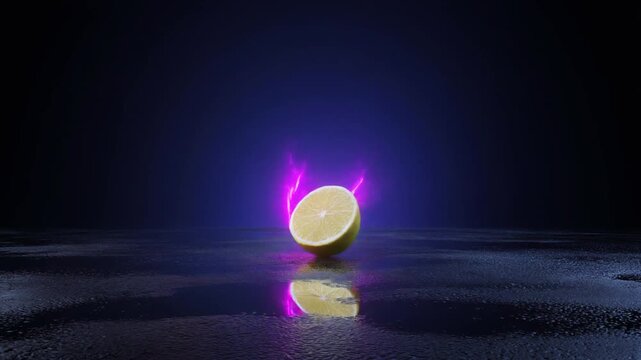 Indigo-to-black gradient with wet reflective floor; grapefruit wedge, Meyer lemon half, and Persian lime half drop on staggered timing and hover with crisp neon edges; a single caustic sweep plays