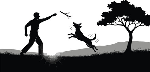 Silhouette of person playing with dog outdoors, throwing stick, grassy field, tree, hills, motion burst, joyful pet interaction scene