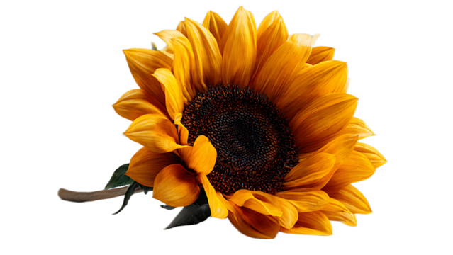 Close up of a bright sunflower with yellow petals and a dark center on a black background space around it
