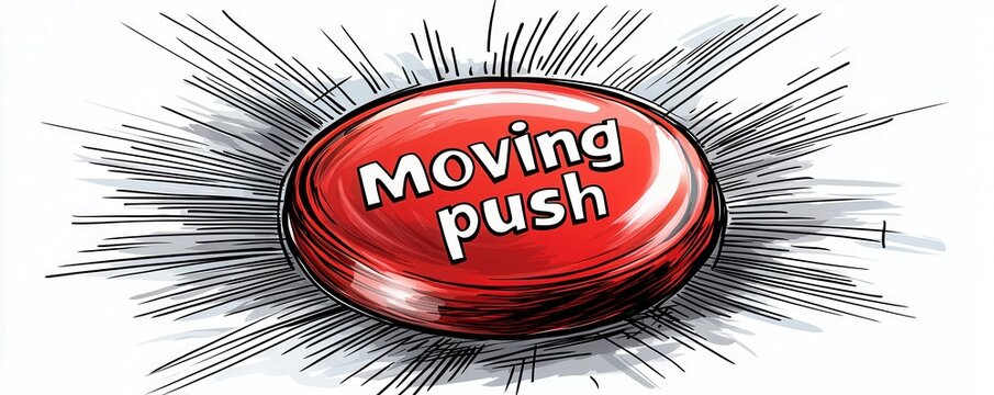 Cartoon red button illustration with the text moving push