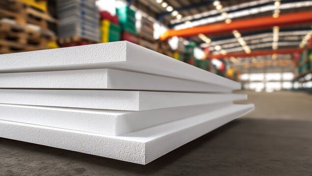 Clean white polystyrene foam sheets stacked neatly in a bright warehouse setting, ready for industrial use or packaging solutions