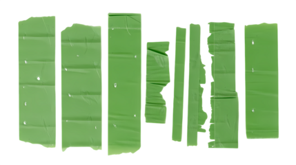 A modern graphic design showing five green masking tapes with wrinkles and torn edges.