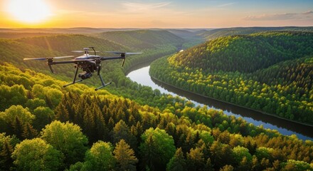 A drone flies over a lush green forest with a river running through it, as the sun sets in the distance creating a warm glow