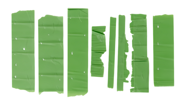 A modern graphic design showing five green masking tapes with wrinkles and torn edges.