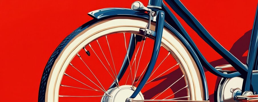Close-up of bicycle front wheel and fork against bold red background with striking geometric composition