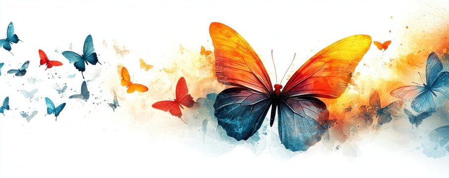 Vibrant butterfly with colorful wings in motion amidst smaller butterflies