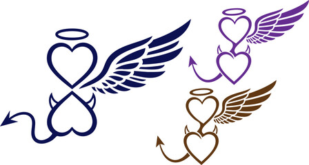 Hearts with angel halos and devil tails representing love and duality in design on transparent background