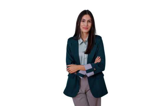Confident businesswoman smiling with folded arms, posing in professional office attire, transparent background