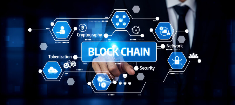 A professional businessman engages with a futuristic blockchain technology display, showcasing elements of security, cryptography, and network integration in modern enterprises. Tessel