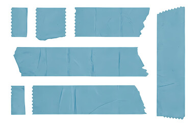 Worn blue tape pieces isolated on a white background.