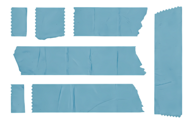 Worn blue tape pieces isolated on a white background.