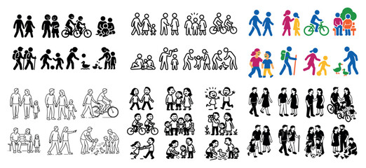 Diverse cartoon family activities and interactions