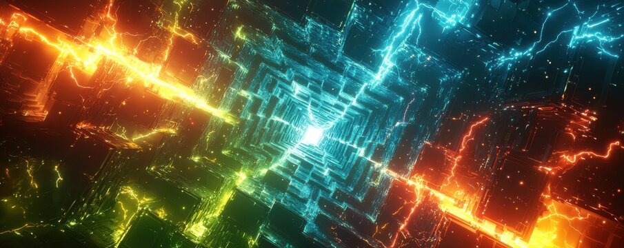 Vibrant futuristic maze with electric neon lights and colors